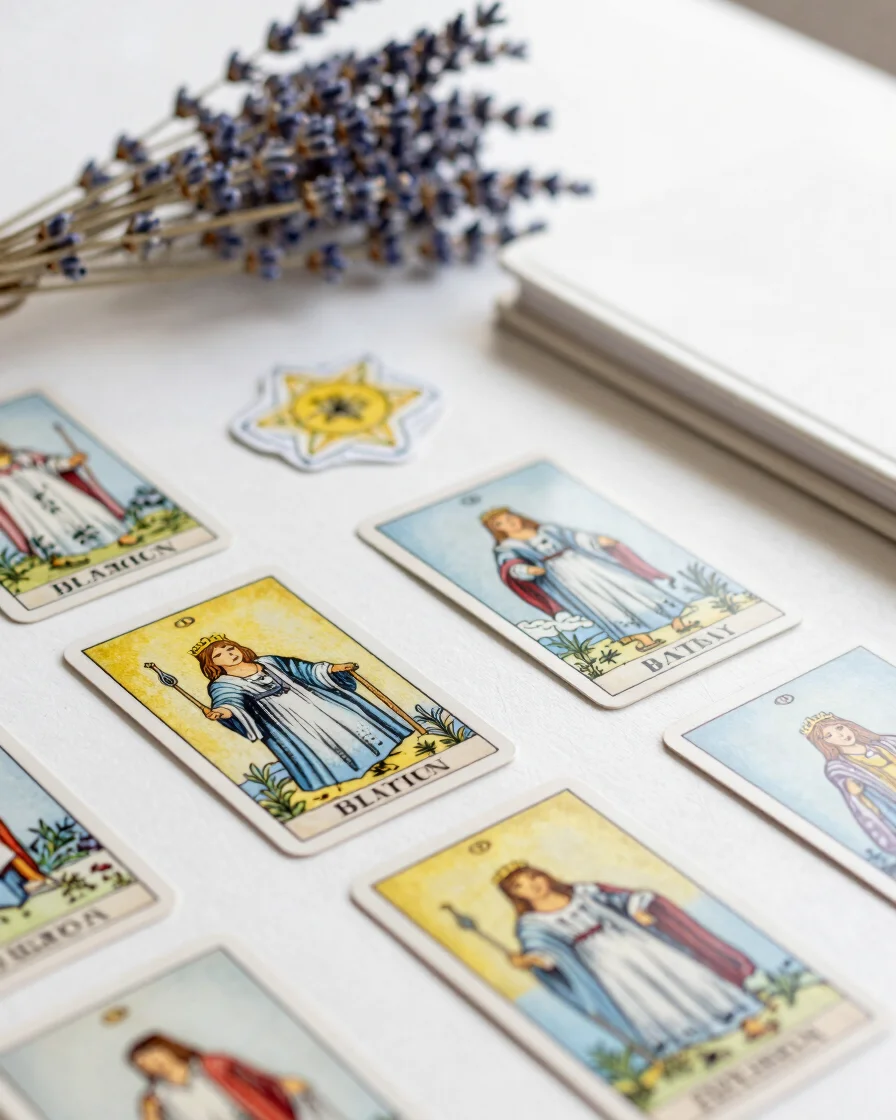 Soft pastel daylight illuminating a charming craft table with tarot cards, dried lavender, and a ceramic notebook, 35mm